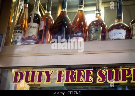 Detail of duty free shop window with displayed bottles of alcohol. Main Street, Gibraltar. Stock Photo