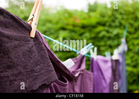 Purple clothes pegged on washing line with hedge in background Stock Photo