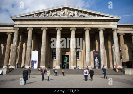 The Greek Revival facade of the entrance to the British Museum on Great Russell Street, London Stock Photo