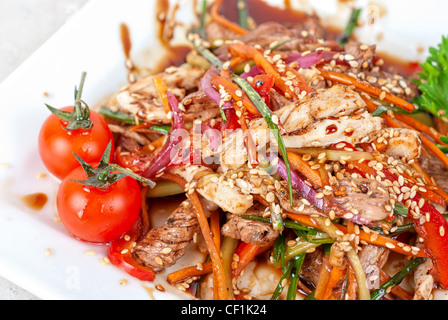 Tasty appetizer of roast beef meat, marinated chicken meat, cherry tomato and other vegetables Stock Photo