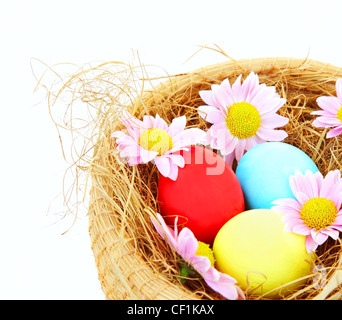 Easter colorful eggs border with flowers isolated on white background Stock Photo