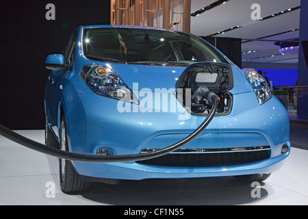 Detroit, Michigan - The Nissan Leaf electric vehicle on display at the North American International Auto Show. Stock Photo