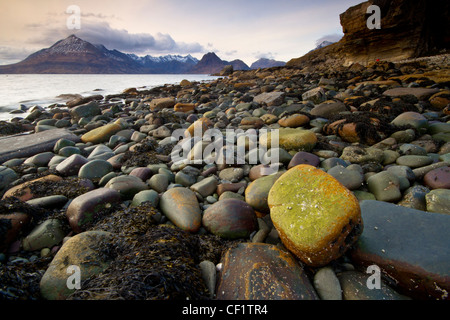 View over rocks and boulders on the beach at Elgol, a little harbour on the Isle of Skye. In the distance are the Cuillin mounta Stock Photo