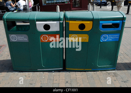 Waste bins for the collection of general  and recyclable waste outside Bromley South railway station. Stock Photo