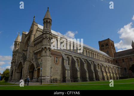 The Cathedral and Abbey Church of Saint Alban, also known as St Albans Cathedral. The cathedral is built on a hill, believed to Stock Photo
