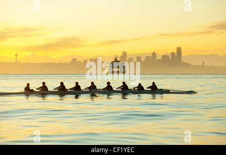 Team rowing boat in bay Stock Photo