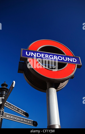 An iconic London Underground sign at Hyde Park Corner. Stock Photo