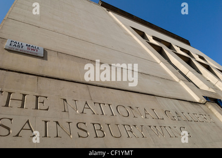 Looking up at the outside of the Sainsbury Wing of the National Gallery. The Sainsbury Wing was opened in 1991 and displays the Stock Photo