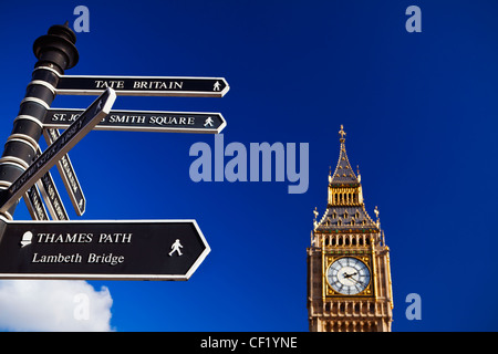A signpost with directions to some of the top London attractions in Westminster with Big Ben, one of London's most iconic landma Stock Photo