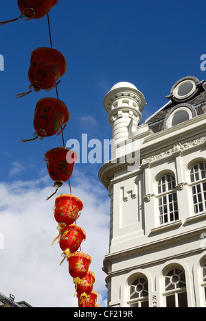 Lanterns hanging above the street in London's Chinatown. Stock Photo