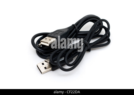 Usb cable with mini-usb laying on a white background Stock Photo