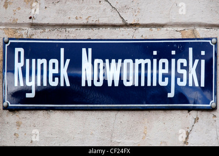 Road sign Rynek Nowomiejski in Torun. Stock Photo
