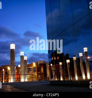 The mirrored tower in front of the Wales Millennium Centre with lights reflected. Opened in 2004, it is a centre for the perform Stock Photo