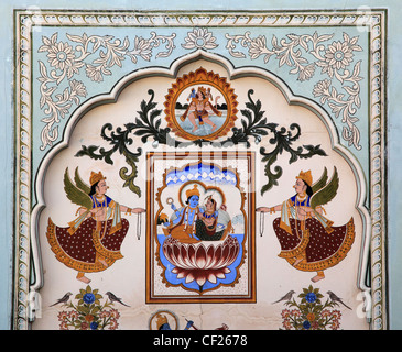 India, Rajasthan, Shekhawati, Nawalgarh, Poddar Haveli, mural, Stock Photo