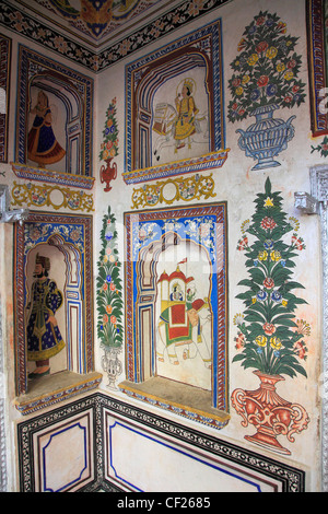 India, Rajasthan, Shekhawati, Nawalgarh, Poddar Haveli, mural, Stock Photo