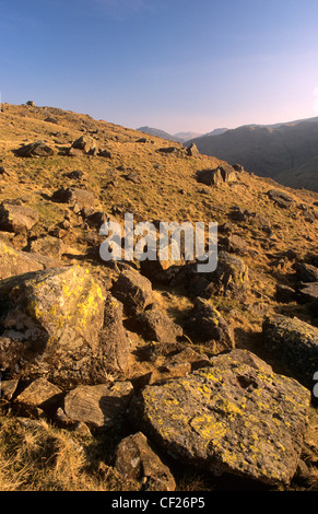 Late afternoon light illuminates the lichen covered rocks of Martcrag Moor on the Cumbria Way. Stock Photo