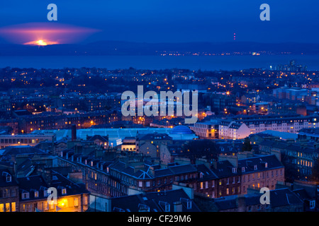 Edinburgh city skyline viewed from Calton Hill looking towards the port of Leith. Stock Photo