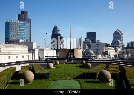 View of City of London landmark buildings from the roof of No 1 Poultry (restaurant roof garden). Stock Photo