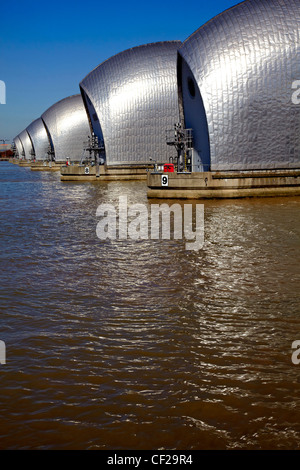 The Thames Barrier, the world's second largest movable flood barrier, on the River Thames. Stock Photo