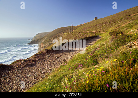 A view towards Wheal Coates tin mine on the North coast of Cornwall. Stock Photo