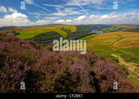 A view towards Ladybower Reservoir  in the Upper Derwent Valley from Whinstone Lee Tor on Derwent Edge. Stock Photo