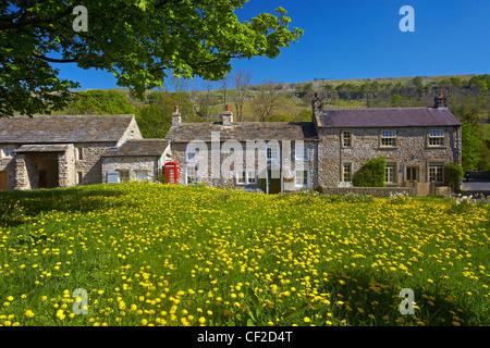 Stone houses by a dandelion covered village green at Arncliffe.