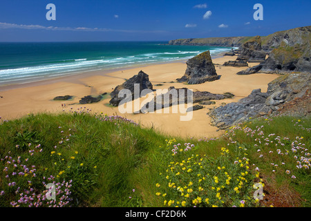 Rock stacks on the beach at Bedruthan Steps on the Cornish coast. Stock Photo