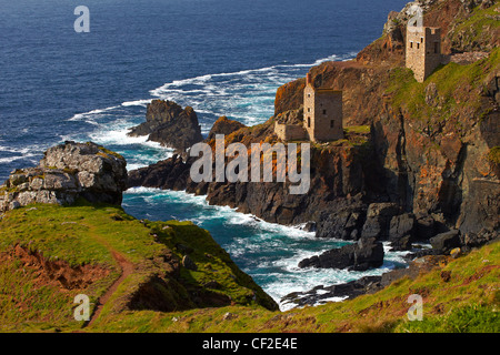 Engine houses from Crown Mines, former tin mines on the cliffs north of Botallack. Stock Photo