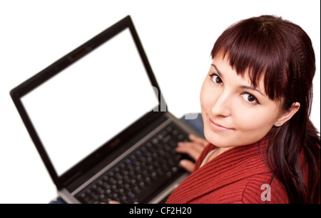 Happy beautiful young woman using laptop on White Background Stock Photo