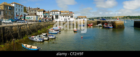 A panoramic view of small boats in King Charles Quay in Falmouth. Stock Photo