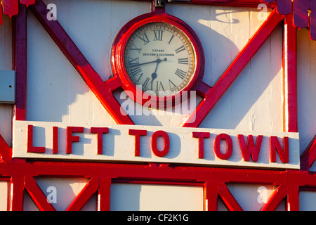 Lift to town sign on the station of the funicular railway, one of the world's oldest water-powered cliff lifts. Stock Photo