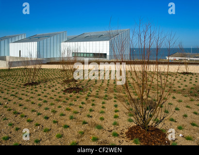 Landscaped area on Fort hill looking towards The Turner Contemporary arts gallery in Margate. Stock Photo