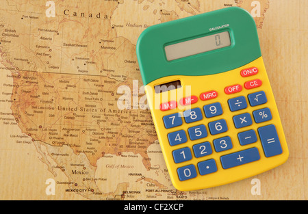 calculator with vintage looking map of America Stock Photo