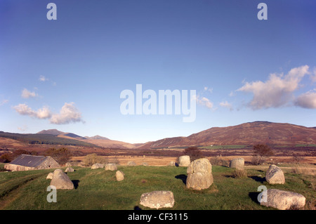 Fingals Cauldron Seat, a double ring of squat granite boulders at Machrie Moor on the Isle of Arran. Stock Photo