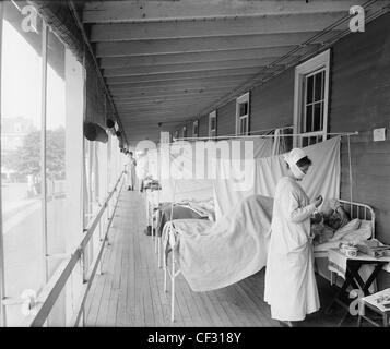 Nurse treating patient on porch with overflow of beds at Walter Reed Hospital (Washington, DC), flu ward. between 1910 -1920 Stock Photo