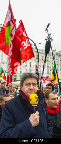 Paris, France, Jean Luc Melenchon, Presidential Candidate in the 'Front de Gauche' Party, in Anti-European Economic Austerity Measures Demonstration, by Leftist Labor Unions, and Political Party, protesters, french political party Stock Photo