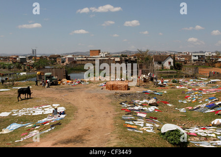 Washing left out to dry in an outer neighbourhood of Antananarivo, Madagascar. Stock Photo