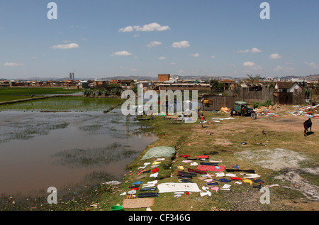 Washing left out to dry in an outer neighbourhood of Antananarivo, Madagascar. Stock Photo