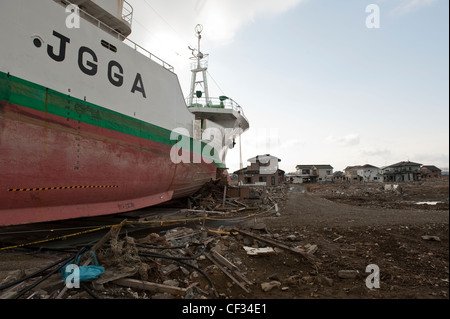 1st anniversary of the Japanese Tsunami approaches, Tsunami damage in the  Mayagi region - Ishinomaki town & Sendai. Stock Photo