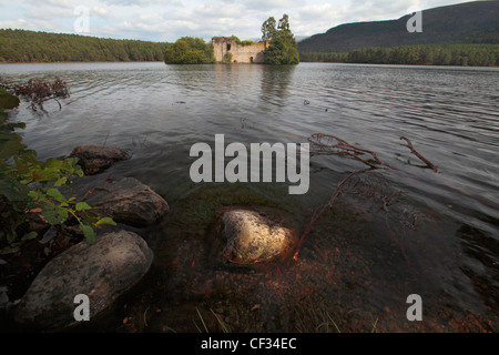 The ruins of Loch an Eilein castle, once a stronghold of the Wolf of Badenoch, in the middle of the loch. Stock Photo