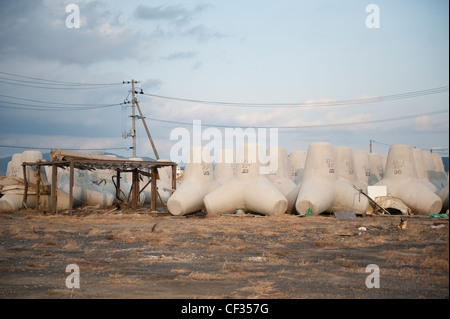 1st anniversary of the Japanese Tsunami approaches, Tsunami damage in the  Mayagi region - Ishinomaki town & Sendai. Stock Photo