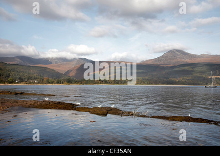 View across Brodick Bay to Goat Fell (the highest point on the Isle of Arran) and Arran Mountains. Stock Photo