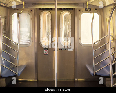 Empty subway train car New York City NY seats Stock Photo