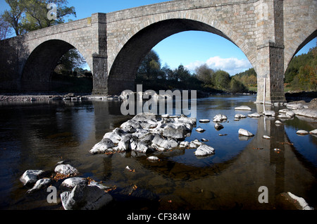 A view toward Potarch Bridge over the River Dee. Stock Photo