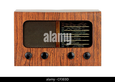 grungy retro wooden radio on isolated white background Stock Photo