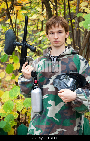 paintball player looks in the face Stock Photo