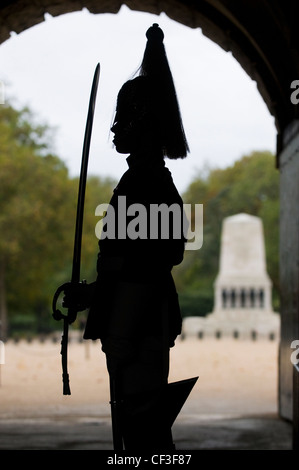 Silhouette of a soldier of the Household Cavalry on guard duty at Horse Guards in Whitehall. Stock Photo