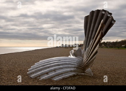 The Scallop sculpture by Maggie Hambling on the beach at Aldeburgh.