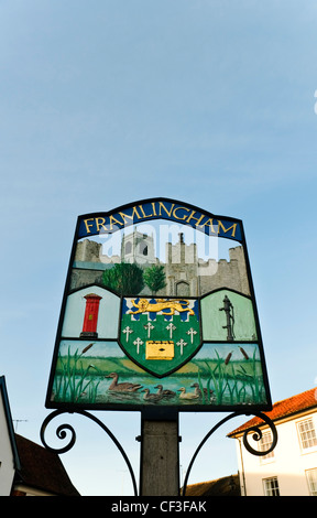 Looking up to the traditional village sign of Framlingham in Suffolk. Stock Photo