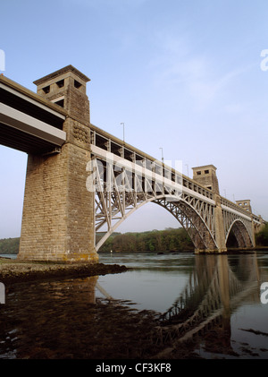 Looking SE at the Britannia Bridge, a railway bridge designed by Robert Stephenson with Sir William Fairburn, built 1846-50 acro Stock Photo